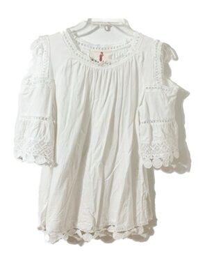 Boho Jane Cold Shoulder Lace Trim Tunic Blouse Bell Short Sleeves White Cutouts